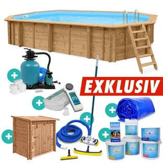 Holzpool Oval Bali 8-Eck 840x490x138 cm Komplettset Sandfilter Pumpenhaus Chemie