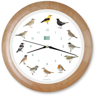 KOOKOO Singvögel Quarzwerk Holz, Die Singende Vogeluhr, runde Wanduhr mit natürlichen Vogelstimmen
