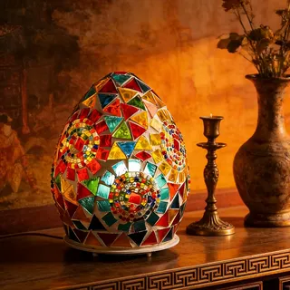 wpdash Rotierende eiförmige Tischlampe im Tiffany-Stil (D:12.0 cm x H:15.0 cm) Buntglaslicht mit 360° drehbarem Sockel, Mosaik-Nachtlicht für Wohnzimmer, Kinderzimmer, festliche Dekoration & Geschenk