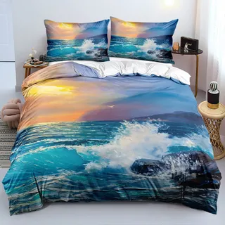 DXHOME 3D Bettwäsche 200x200 3 teilig Maritim Sonnenuntergang Blau Hochwertige Mikrofaser Bettwäsche Wellenmuster Wendebettwäsche mit Reißverschluss 1 Bettbezug 200x200 cm 2 Kissenbezüge 80x80 cm