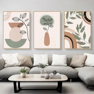 3er Beige Poster Set Premium Abstrakt Grün Blätter Bilder, Wohnzimmer Bilder Wandbilder Leinwandbilder, Modern Print Kunstposter, Ohne Rahmen (B,40x50cm)