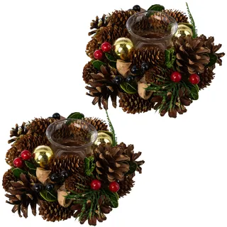 Teelichthalter CREATIV HOME "Adventsgesteck mit Teelichthalter", braun (natur), H:8cm Ø:18cm, Kerzenhalter, Teelichthalter, mit Glitzer