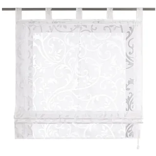 Delien Raffrollo Jessica, mit Schlaufen, Voile Uni mit Floral Ausbrenner weiß 100 cm x 140 cm