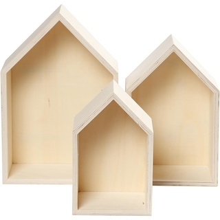 3-teiliges Set Holzbox, Regalbox Hausform, Wandregal Wanddekoration, Holz unbeh.