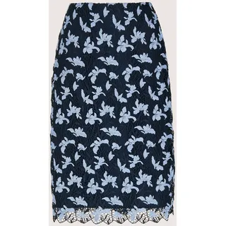 Bleistiftrock MADELEINE "Spitzenrock Midirock mit floralen Akzenten", Damen, Gr. 36, blau (marine, gletscherblau), Obermaterial: 100% Polyester PES., Modern, schmal, Röcke Bleistiftrock, Gehschlitz