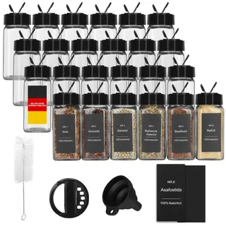 Withosent 24er Gewürzgläser Doppelkopf Schwarz Deckel, 120ml Gewürzdosen Glas Gewürzstreuer mit 144 Deutsch Etiketten, 2 Trichter, Bürste, Gewürzbehälter Gewürze Organizer Aufbewahrung