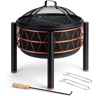 VonHaus BBQ Feuerstelle, 2-in-1 Feuerschale für Garten, Terrasse und Outdoor, Feuerkorb aus Stahl mit Kupferdetail, Feuerschale mit Funkenschutz, Schürhaken und Grillrost, Nutzbar mit Holz und Kohle