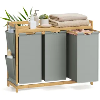 Songmics Wäschekorb 3 Fächer, Bambus, Wäschesammler 150 L, Wäschesortierer, mit Ablage, Wäschesack, kleine seitliche Taschen, Wäscheregal, 3 x 50 L, 94 x 33 x 78 cm, taubengrau