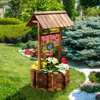 Aoxun Pflanztopf Wunschbrunnen Holz, Ziehbrunnen Pflanzenständer, Wunschbrunnen Pflanzkübel, 54 x 54 x 118 cm, Dekobrunnen für Garten, Gartenbrunnen Blumenkübel