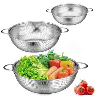 Herogo Sieb 3er-Set, Edelstahl Küchensieb mit Griffe, Mikroperforiertes Abtropfsieb, Metall Küche Seiher für Ablaufen & Straining Nudeln, Reis, Obst, Gemüse, Spülmaschinenfest, 16cm/22cm/28cm