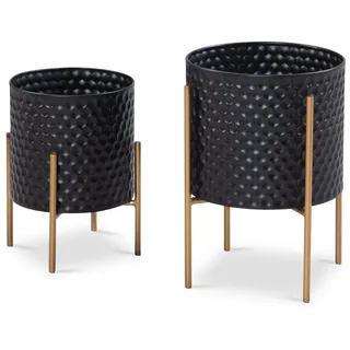 Wohnling Pflanzkübel (Blumentopf 2er Set Metall Schwarz Gold Rund), Pflanzenkübel 2-teilig, Blumenkübel Pflanzgefäß schwarz