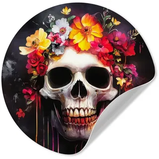MuchoWow Wandsticker Totenkopf - Blumen - Totenkopf - Blut - Bunt (1 St), Runde Aufkleber für Wohnzimmer, Selbstklebend, 100x100 cm 100 cm x 100 cm x 0.1 cm
