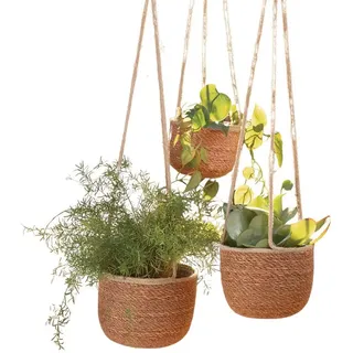 Dekoleidenschaft Blumenampel "Terra" Seegras Hängeampel Hängetopf für Pflanzen, Hängekorb (3 St., im Set), Hängepflanzen Topf, Hängeblumentopf, Hängekorb, Pflanzenhänger beige