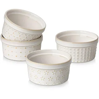 MALACASA Crème Brûlée Schälchen 4er Set, 180ml mit Relief, Beige | Steingut, hitzebeständig, für Backofen & Heißluftfritteusen geeignet, Soufflé, Panna Cotta, Pudding, Muffins, Lava-Törtchen