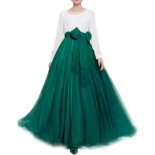 Damen Lange Tüllrock Bodenlang Maxi Puffy Rock A-Line Bowknot gürtel hohe tailliertes für Hochzeitsfeier Abend - M