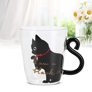 Alvinlite Glas Tasse mit Schwarzer 300ml Katze Süße Tasse mit Henkel, Latte Macchiato Gläs Borosilikatglas Kaffeetasse, Kawaii Katze Geschenke für Frauen