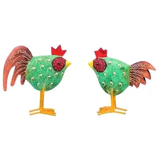 ETC frühlingshaftes kleines buntes Deko-Huhn und Deko-Hahn Metall bemalt im 2er Set grün