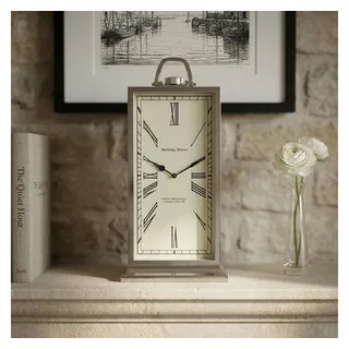 Antikas Wanddekoobjekt Premium Kaminuhr Metall silber, rechteckig, Kutschenuhr-Stil, H.50 cm weiß