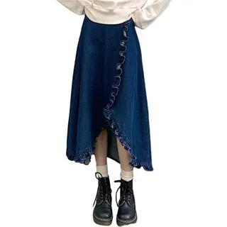 RWGSNB Jeansrock Midi, Midi Jeansrock für Damen Unregelmäßig Ausgestellter Rüschenrock Hohe Taille Geschlitzter Jeansrock Vielseitige Damenbekleidung für Den Alltag Und Zum Dating - M