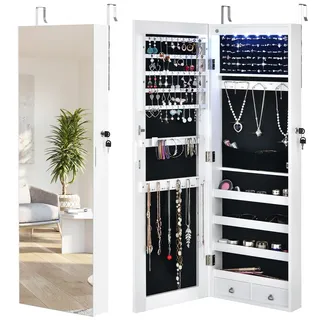 COSTWAY Verspiegelter Schmuckschrank mit 6 LED-Leuchten & 2 Schubladen, Schmuck Hängeschrank abschließbar, Sipegelschrank Schrank Wand- / Türmontage (Weiß)