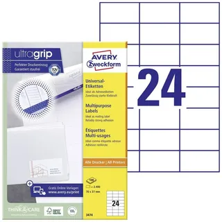 Avery Zweckform Universaletiketten 3474 Weiß 70,0 x 37,0 mm 100 Blatt