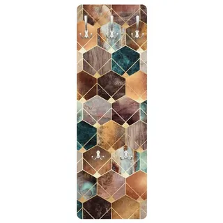 Bilderdepot24 Garderobenpaneel gold Abstrakt Aquarell Muster Türkise Geometrie goldenes Art Deco (ausgefallenes Flur Wandpaneel mit Garderobenhaken Kleiderhaken hängend), moderne Wandgarderobe - Flurgarderobe im schmalen Hakenpaneel Design goldfarben