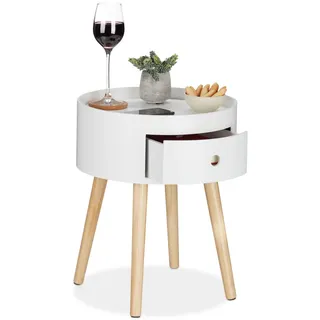 Relaxdays Beistelltisch rund, Schublade, Holzbeine, skandinavisches Design, minimalistisch, Hxd 46 cm,