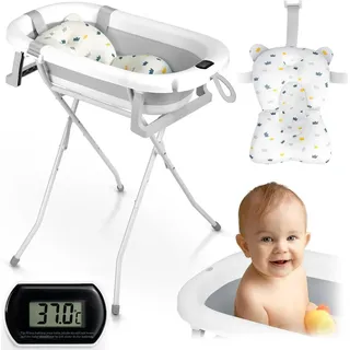 Ricokids RK-287 Faltbare Babybadewanne mit Ständer, Thermometer und Einsatz, weiß-grau - Weiß/Grau