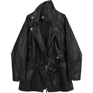 GUOCU Mittellanger Damen PU Lederjacke Revers Ledermantel Lässige Trenchcoat aus Kunstleder,Frauen Bikerjacke Motorrad Jacke mit Gürtel,Frühling Pilotenjacke Kunstlederjacke Übergangsjacke L - L