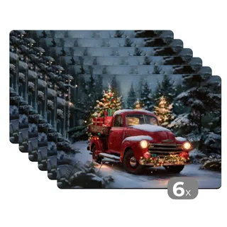 MuchoWow Platzset Weihnachts-LKW - Schneewald - Rot, (6-St), Platzsets, Tischset, Abwaschbar, Tischsets, Platzdeckchen rot