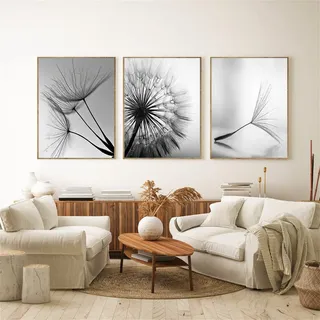 TROYSINC 3er Set Design-Poster Wandbilder, Pusteblume Ohne Rahmen Wandbild Print Bilder, Leinwand Kunstposter Schwarz und weiß Pusteblume für Wohnzimmer Deko (40x60cm)