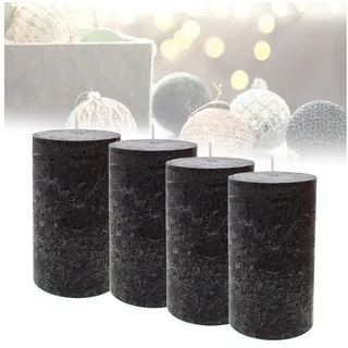 Candelo Stumpenkerze Kerzen Ambiente Rustic Stumpenkerzen - Schwarz - große Rustik Kerze (4er Set, 4-tlg., 12cm), lange Brenndauer ca. 54 Std Weihnachtskerzen Adventskranz