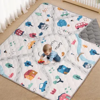 COMOMY Krabbelmatte Baby 180x200 cm, Weich Gepolsterte Spielmatte Baby Faltbar, Rutschfeste Schadstofffrei Krabbeldecke für Baby, Baby Play Mat für Laufstall (Gräulich-weiß)