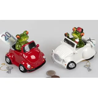 Formano Spardose Frosch im Cabrio – handbemalt – lustige Keramik Sparbüchse mit Schlüssel – Geldgeschenk & Deko – Auto-Farbe zufällig (Rot oder Weiß)