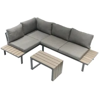 ONDIS24 Gartenlounge-Set Ecksitzgarnitur Gartenmöbel-Set Eckbank, (3-tlg), inkl. Auflagen, Tisch mit Polywoodplatte, Holzoptik grau