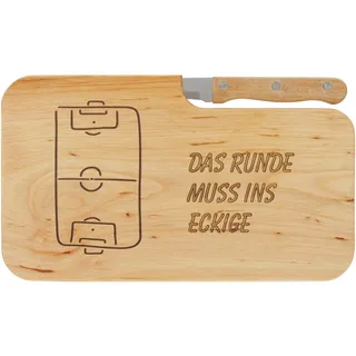 LASERHELD | Brotzeitbrett Holz mit Gravur “Das Runde muss ins Eckige” & Messer | 26 x 15 cm | Frühstücksbrettchen Holz Schneidebrett Jausenbrett | Geschenk für Fußballer zum Vatertag