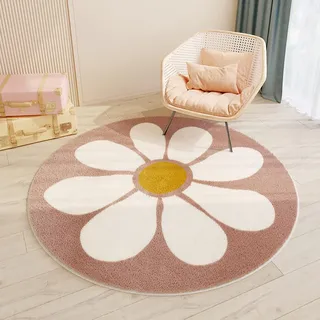 SRTJURFG Kids Nursery Teppich Mittelgroße Runden Teppich Nettes kleines Blumen-Rosa Dekorativer Teppich Bodenmatte Yogamatte, ø110 cm