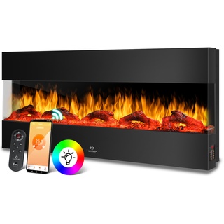 KESSER® Wandkamin Elektrokamin 3D Elektrischer Kamin mit Heizung 9 Farbmodi LED Flammeneffekt, 900/1800 W Kaminofen Wand und Einbaukamin Wandmontage Heizung App-Funktion Fernbedienung