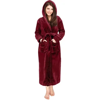 NY Threads Damen Fleece-Bademantel mit Kapuze – Plüsch, langer Bademantel, Burgunder, X-Large - XL