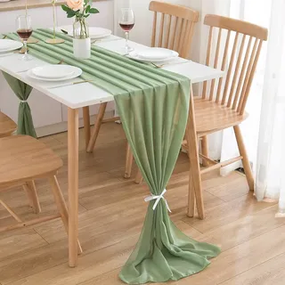 CHUQING Tischläufer Chiffon,Salbeigrün grün, 70x300 cm, abwaschbar, für Indoor und Outdoor