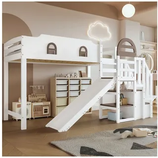 HAUSS SPOLE Hochbett 90x200cm, Mit Fenster, Rutsche, 2 Schließfächer in der Treppe, Weiß (Hochbett mit Sicherheitsumrandung für erhöhte Schlafsicherheit) mit Matratze