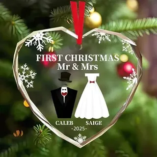Personalisierte Weihnachtskugeln mit Foto & Name, Kristallglas Christbaumkugel Personalisiert für Mein erstes Weihnachten Baby, Hochzeit & Familien Geschenk 2025, Herz