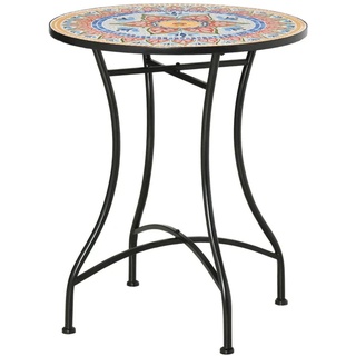 Rootz Gartentisch – Mosaiktisch – Runder Bistrotisch – Beistelltisch mit Mosaikplatte aus Keramik – Metall – Rot + Blau + Weiß – Ø60 cm