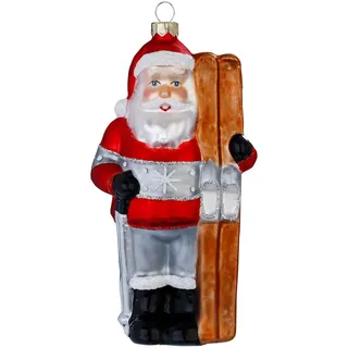 Christbaumschmuck Glas 13,7cm Weihnachtsmann mit Ski Figur zum Aufhängen - Weihnachtsbaum Anhänger Weihnachten Weihnachtsbaumschmuck Santa Rot Silber