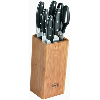 RÖSLE CUISINE Bürsten Messerblock bestückt 7-tlg., Hochwertiger Messerblock aus Bambusholz mit 5 scharf geschliffenen Messern und Küchenschere, Klingenspezialstahl, Fingerschutz