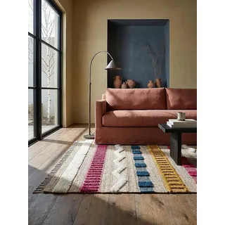 KADIMA DESIGN Wollteppich Gestreift, Ethno, mit Fransen, Hoch-Tief Struktur Rechteckig 160x230, Rechteckig, Höhe: 34 mm, Natur-Multicolor, 52% Jute, 35% Wolle, Kurzflor, Flordichte 2 000 g/m2 bunt Rechteckig | 160 cm x 230 cm x 34 mm