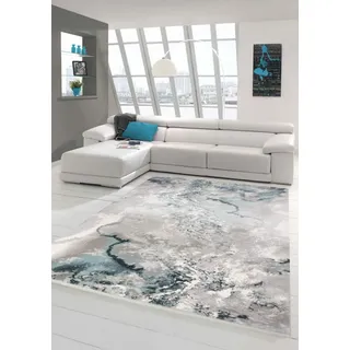 Merinos Wollteppich Marmorteppich Moderner Teppich Abstrakt in Grau Blau Creme Größe 80 x 300 cm