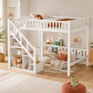 Hochbett 140x200 mit Treppe Kinderbett Etagenbett mit Stauraum und Aufbewahrungsschrank, Stockbett Jugendhochbett mit Rausfallschutz und Lattenrost Doppelstockbett für Erwachsene Jugendliche Kinder