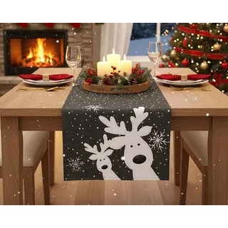 KAMACA Tischläufer 40x140 cm edles grau mit filigraner Stickerei lustige, neugierige Elche & Schneeflocken robust farbecht pflegeleicht Deko Winter Weihnachten (Lustige Elche dunkelgrau 40x140)