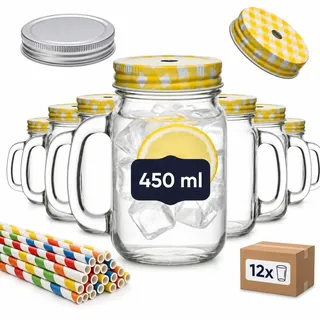 gouveo 12er Set Trinkglas 450 ml (0,45 l) mit Henkel und Schraubdeckel silberfarben + gelb – Henkelglas mit Mehrweg-Trinkhalm aus Hartkunststoff für Garten, Bowle, Cocktails (TGH450SG)